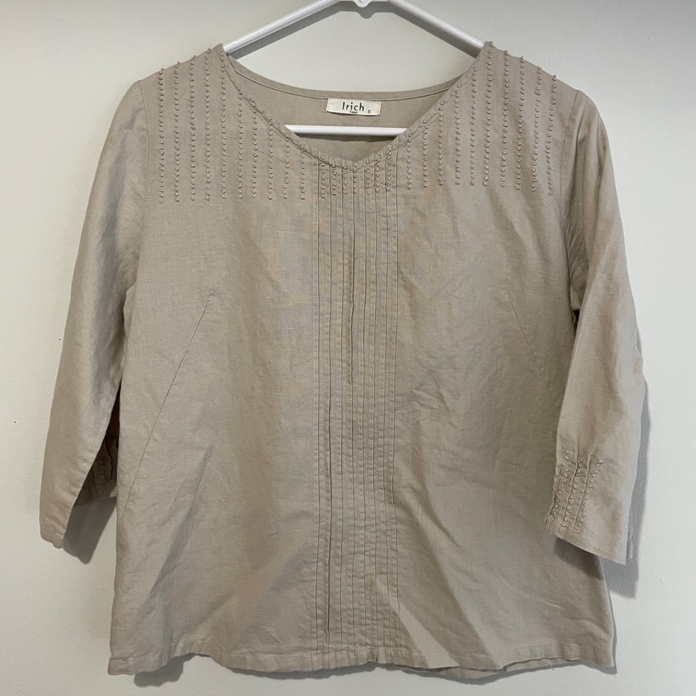 🏝️ Irich Linen 3/4 quarter length top Oat colored Small